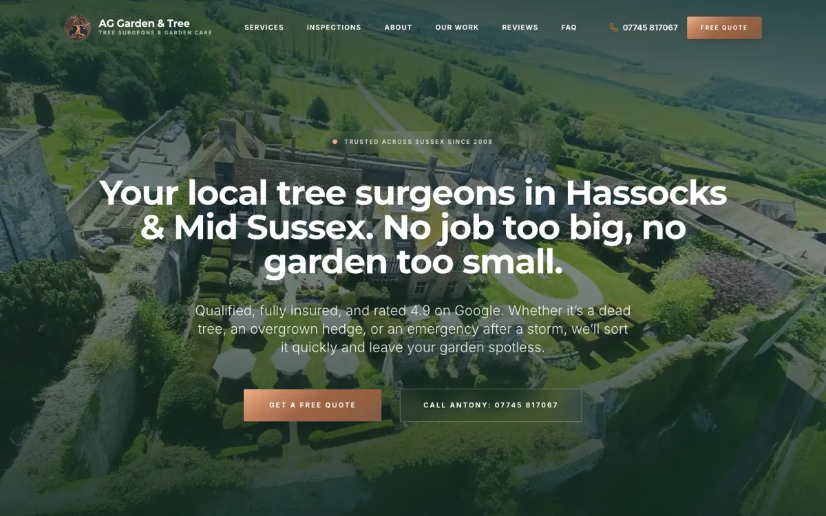 The AG Garden & Tree homepage: an aerial photo of a walled garden and lawns under the headline 'Your local tree surgeons in Hassocks & Mid Sussex'
