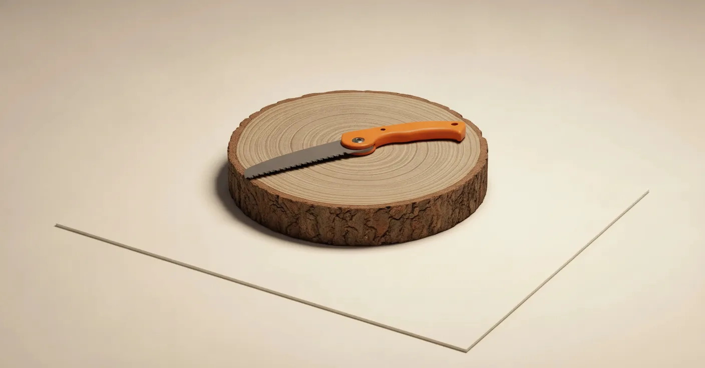 A round slice of tree trunk on a paper desk, with an orange-handled folding pruning saw resting across the growth rings
