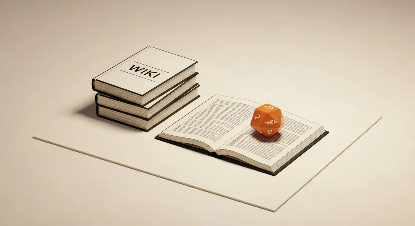 A small wiki book and stack of closed volumes on a paper desk, with an orange twenty-sided dice paperweight
