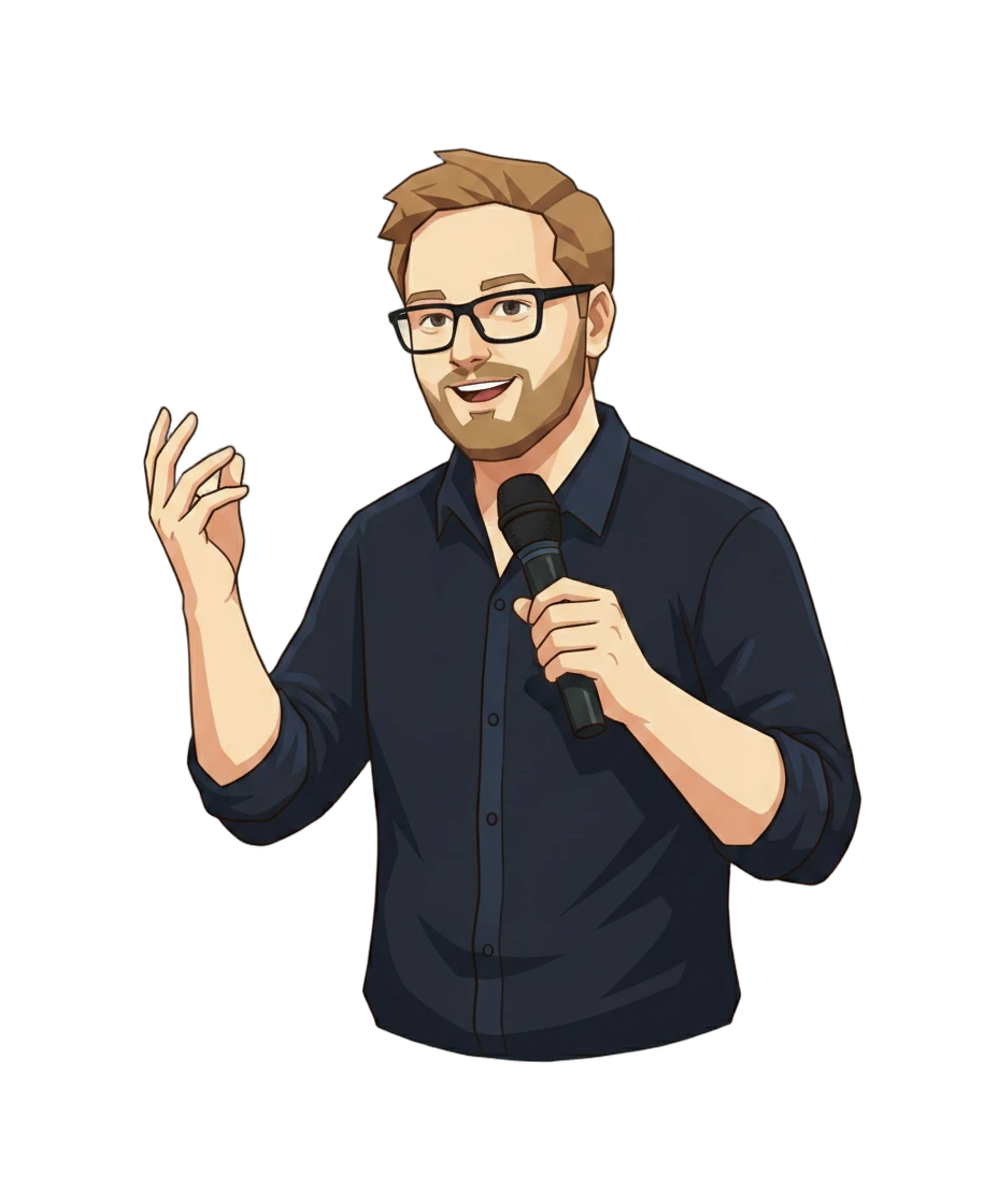 Stylised illustration of Chris mid-talk holding a microphone